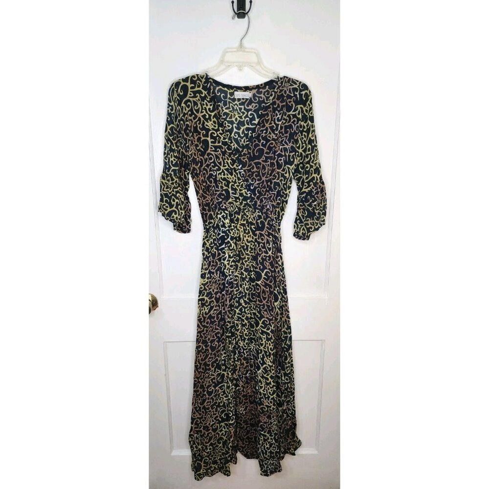 One Size Tiare Hawaii Abstract Print Rayon Dress Bell Sleeve Slit